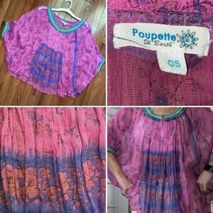 Poupette St Barth $198 Pink Purple Block Print Sheer Top OS NWOT